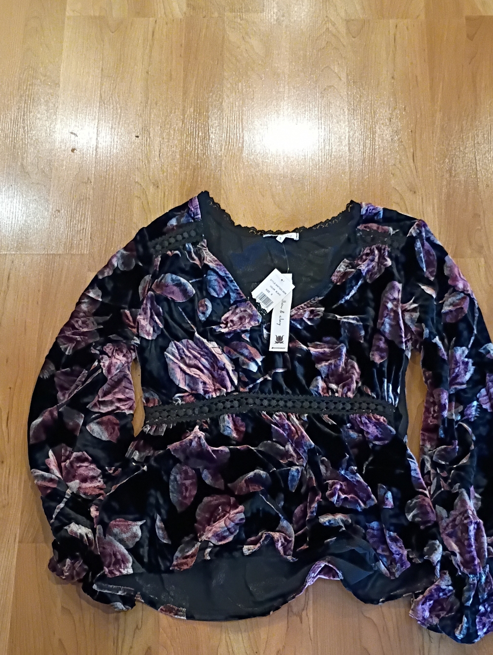 Willow & Clay Black Velvet Floral V-Neck Peplum Top with Purple Accents